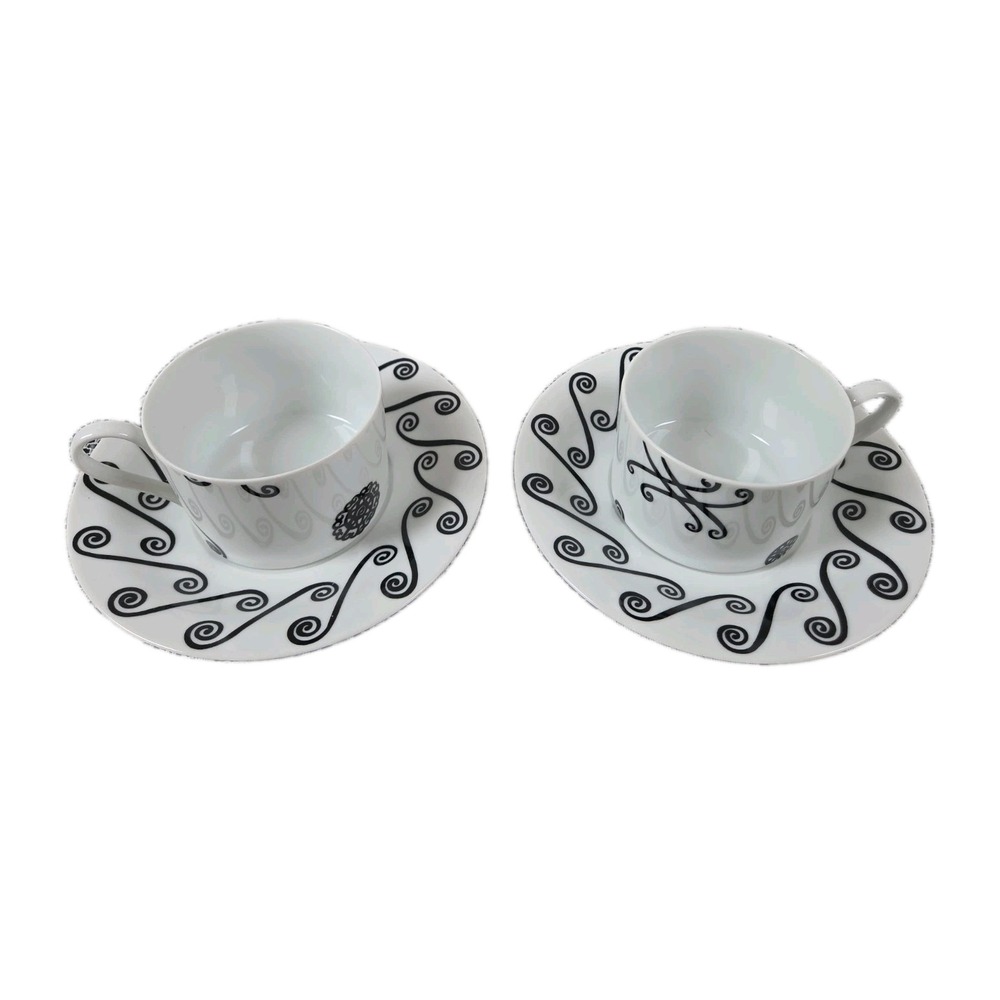 2 Pottery Barn FEZ Cups & Saucers Black & White Swirls/Medallion Japan Made Vtg